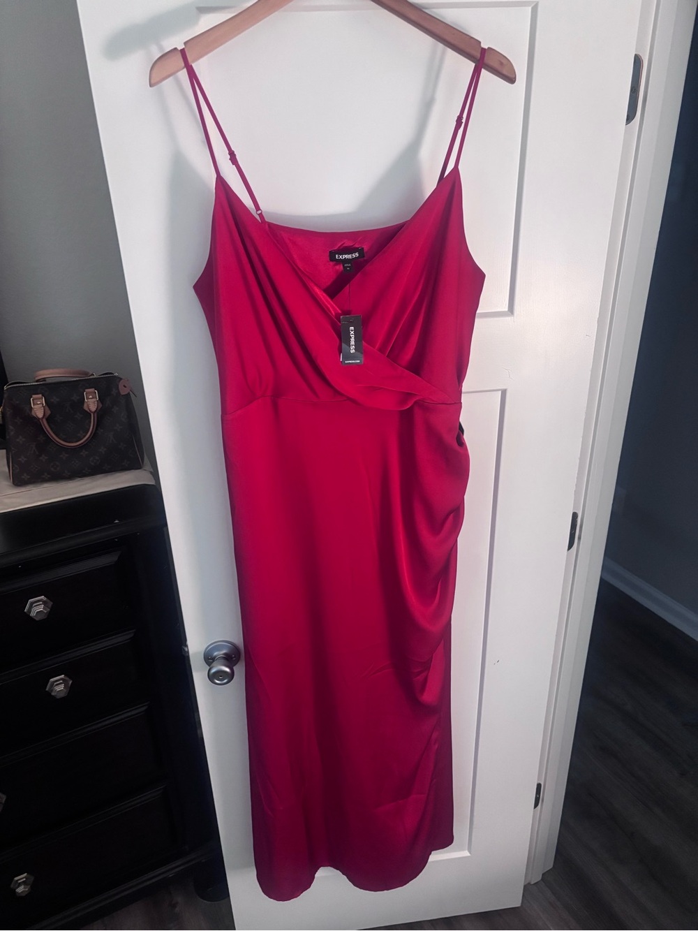 Express Fuchsia Satin Maxi Slip Dress with Draped Waist